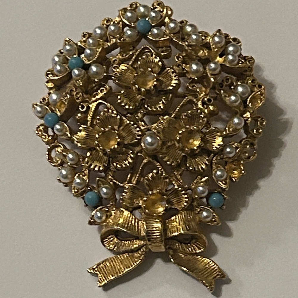 VTG Florenza GT FloralBow Bouquet Brooch Faux Pearls Turquoise Beads Signed